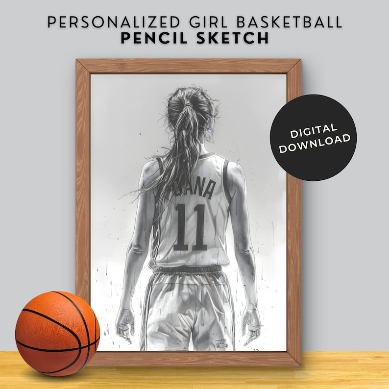 Cadeau de remise des diplômes de basket-ball pour fille, impression personnalisée de croquis au crayon de basket-ball féminin, cadeau de soirée pour personnes âgées, cadeau banquet, art mural de basket-ball image 1