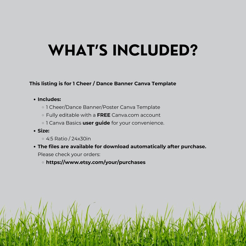 May include: A digital download for a cheer or dance banner Canva template. The template is fully editable and includes a user guide. The text on the image reads "What's Included?" and lists the contents of the download.
