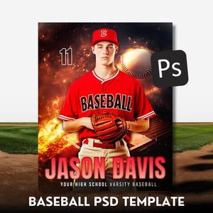 May include: A baseball player wearing a red jersey with the word "BASEBALL" on the front, holding a baseball glove. The player is standing in front of a fiery background with a baseball in the top right corner. The text "JASON DAVIS" is at the bottom of the image.