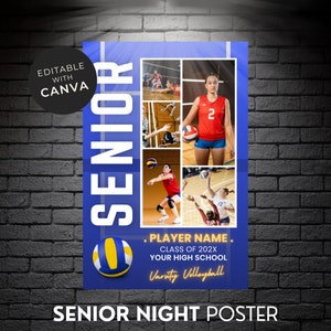 Modello di poster per la serata degli anziani di pallavolo Modello di collage fotografico di pallavolo personalizzabile Modello di Canva modificabile Banner sportivo Regalo di pallavolo scolastico