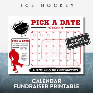 Ice Hockey Calendar Fundraiser Pick a date to Donate Fundraising Calendar Donation Printable Fun & Easy Hockey Team  Red  NonEditable