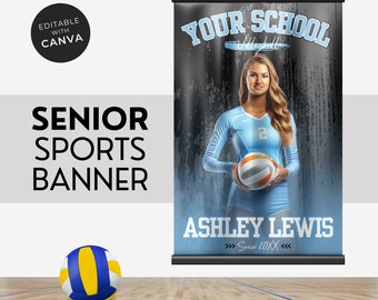 Volleyball Banner Template or Any Sports Sports Light Blue & Black or Backdrop Athletic Senior Night Banner Canva Template 24X36IN
