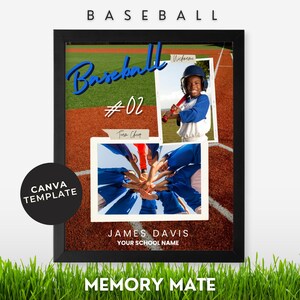 Op de afbeelding: Een collage met een baseballthema met een ingelijste foto van een baseballspeler in een blauw uniform die een knuppel vasthoudt. De collage bevat ook een foto van een team van baseballspelers met hun handen in het midden van een cirkel. De collage heeft de tekst "Baseball #02 Team Cheer" en "JAMES DAVIS YOUR SCHOOL NAME" erop.