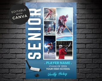 Ice Hockey Player Senior Night Poster Template Photo Collage Senior Sports Banner High School Ice Hockey Background Editable Poster Template