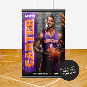 May include: A basketball player banner template with a purple and orange color scheme. The banner features a basketball player holding a basketball, with the text "JAMES CARTER" in large, bold letters. The banner also includes the text "YOUR TEAM NAME >>> 20XX" and "HIGH QUALITY DESIGNER TEMPLATE".