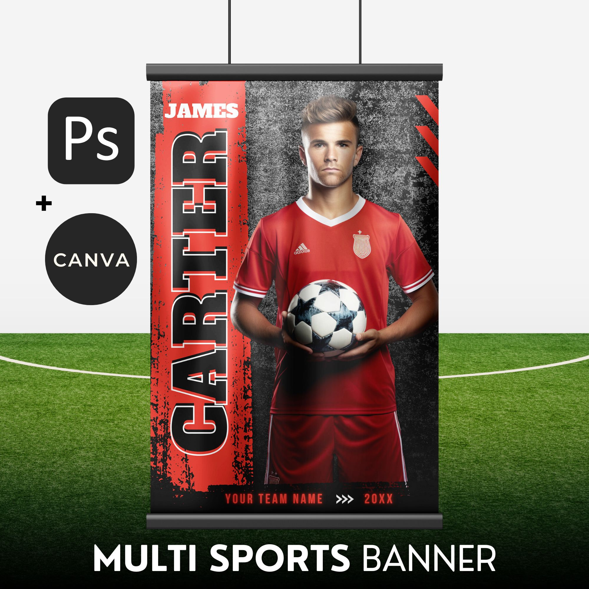 Senior Soccer Banner Template or Any Sport Canva & Photoshop Editable Template Varsity Senior Banner Soccer Graduation Red Black 24X36IN