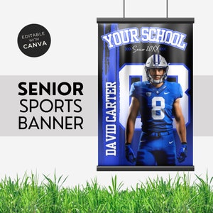 Senior Football Banner Template Sports Poster Football or Any Sports Senior Blue & Black Number in the Background Senior Night 2X3FT