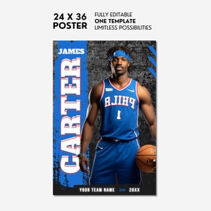 May include: A basketball poster template featuring a basketball player in a blue jersey with the word "JAMES CARTER" in large white letters on the left side of the poster. The player is holding a basketball and is wearing a black headband. The background is a dark gray with a blue and white diagonal stripe pattern.