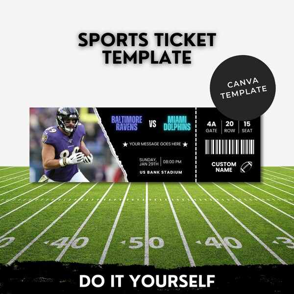 Sports Ticket Template, Canva Template, Football Ticket Stub, Editable Ticket, Sports gifts, You Personalize At Home, Instant Download