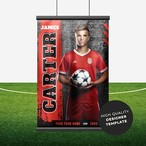 May include: A red and black soccer banner with a player holding a soccer ball. The banner has the text "JAMES CARTER" in large black letters and "YOUR TEAM NAME >>> 20XX" in smaller white letters. The banner also has the text "HIGH QUALITY DESIGNER TEMPLATE" in white letters on a black background.