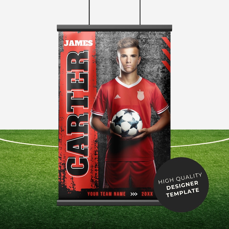May include: A red and black soccer banner with a player holding a soccer ball. The banner has the text "JAMES CARTER" in large black letters and "YOUR TEAM NAME >>> 20XX" in smaller white letters. The banner also has the text "HIGH QUALITY DESIGNER TEMPLATE" in white letters on a black background.