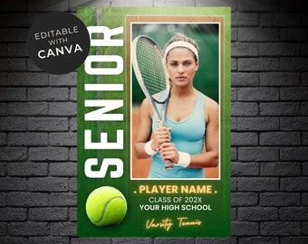Plantilla de lienzo para póster de noche de tenis para personas mayores, marco de fotos de tenista, póster de tenis personalizado, plantilla editable para regalo, fondo de tenis de 61 x 91 cm