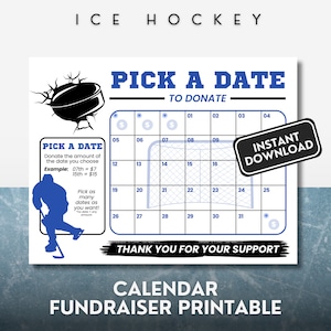 Ice Hockey Fundraiser Calendar Pick a date to Donate Fundraising Calendar Donation Printable Fun & Easy Hockey Team  Blue  NonEditable