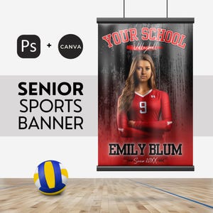 Senior Sports Banner Canva & Photoshop Vorlage für Volleyball oder Sport High School Team Banner Rot-Schwarz 24X36