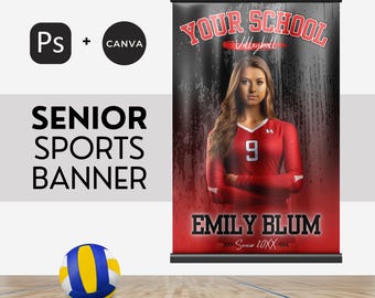 Senior Sports Banner Canva & Photoshop Template for Volleyball or Any Sport High School Team Banner  Red-Black 24X36