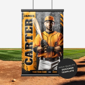 May include: A baseball player in a yellow and black uniform with a black baseball cap and a black glove holds a wooden baseball bat. The background is a black and gray textured design with the text "CARTER" in large orange letters, "JAMES" in smaller orange letters, and "YOUR TEAM NAME >>> 20XX" in white letters. The text "HIGH QUALITY DESIGNER TEMPLATE" is in a black circle with a white background.