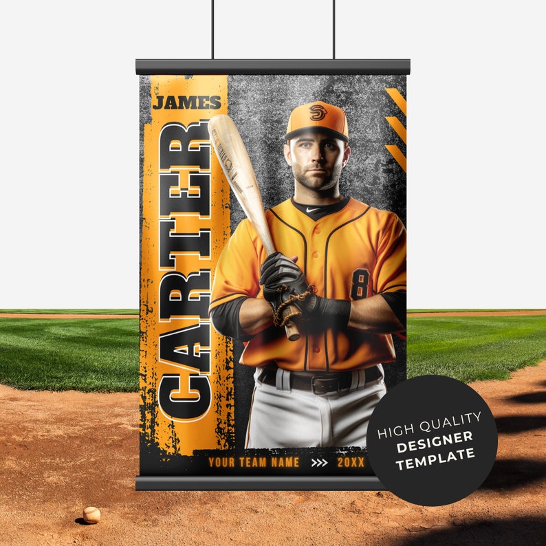 May include: A baseball player in a yellow and black uniform with a black baseball cap and a black glove holds a wooden baseball bat. The background is a black and gray textured design with the text "CARTER" in large orange letters, "JAMES" in smaller orange letters, and "YOUR TEAM NAME >>> 20XX" in white letters. The text "HIGH QUALITY DESIGNER TEMPLATE" is in a black circle with a white background.