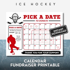 Ice Hockey Fundraiser Calendar Pick a date to Donate Fundraising Calendar Donation Printable Fun & Easy Hockey Team  Red  NonEditable