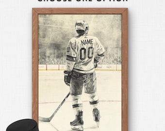 May include: A black and white illustration of a hockey player in a jersey with the text "NAME 00" on the back. The player is holding a hockey stick and is standing on an ice rink.