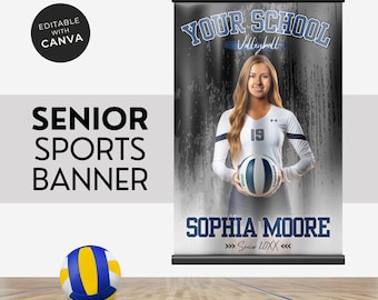 Volleyball Poster Canva Template White & Black Senior Night High School Sport Picture Banner Editable Banner Template 24X36IN