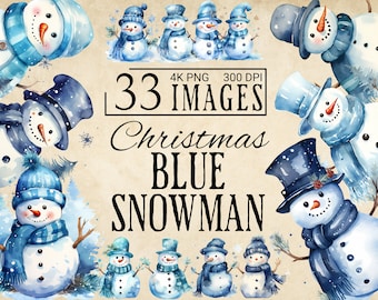 33 Watercolor Blue Snowman Christmas Clipart, Winter Clipart Bundle, Christmas PNG, Paper Crafts, Scrapbook, Xmas Illustration, Digitalfile