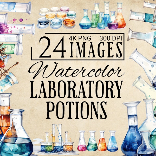 24 PNG Aquarell Labortränke, Wissenschaftslabor, Reagenzgläser, Wissenschaft Dekoration, Schule Elemente, Wissenschaftler Kunst, Labor Clipart Bundle