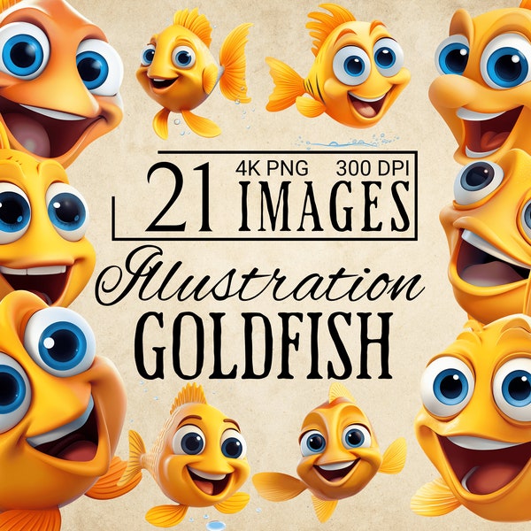 21 Goldfish Illustrations, High Quality PNG, Cute Goldfish, Goldfish Clipart, Goldfish Decor, Adorable goldfish, Funny fish, Clipart Bundle.