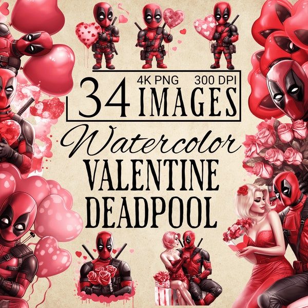 34 Watercolor Valentine Deadpool Clipart, High Quality PNG, Deadpool Mask, Deadpool Decoration, Deadpool Tumbler Wrap, Deadpool Valentines