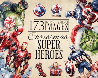 173 Watercolor Super Heroes Bundle Christmas Clipart, Winter Clipart Bundle, Christmas PNG, Paper Craft, Scrapbook, Xmas Illustration Bundle