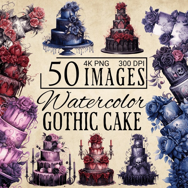 Watercolor Gothic Cake Clipart, 50 High Quality PNG, Gothic Clipart, Gothic Decoration, Cake Clipart, Watercolor Cake, Gothic Wedding Bundle