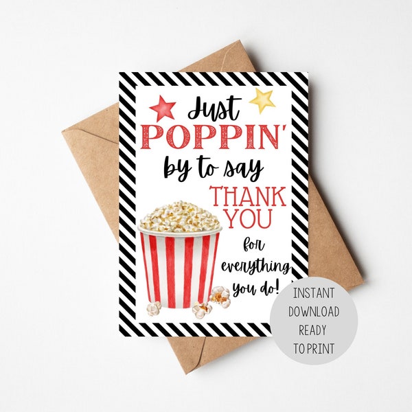 INSTANT DOWNLOAD | Popcorn Thank You 5x7 Card | Teacher Appreciation Card | Popcorn Gift Card | Employee Thank You Card | Poppin By