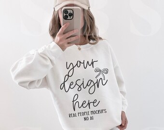 Gildan 18000 Crewneck Sweatshirt Mockup Trendy Western Coastal Cowgirl White Styled Sweater Real Model Mock Up Boho Aesthetic Edgy Mockup