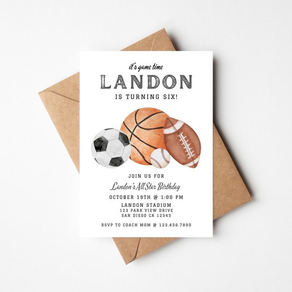 EDITABLE Sports Invitation | Sports Birthday Invite | All-Star Birthday Invitation | Sports Birthday Theme | Watercolor Sports Invite