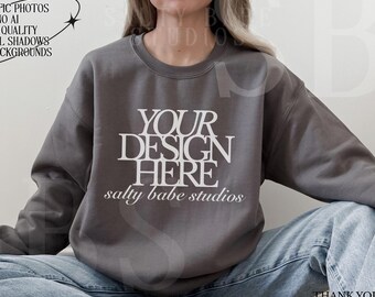 Charcoal Gildan 18000 Crewneck Mockup Trendy Preppy Mocks Aesthetic Sweatshirt Mockup Charcoal Boho Mockup Oversized Sweatshirt Gray MockUp