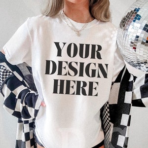Comfort Colors 1717 White Shirt Mockup Coastal Cowgirl Boots C1717 Mock Trendy Oversized Graphic Tees Retro Beige Boho Aesthetic Mockups