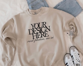 Gildan 18000 Sand Sweatshirt Mockup | G18000 Sand Crewneck Mockup | Oversized Sweater | Flat Lay Gildan Mockup | Trendy Flat Lay Mockup