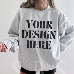 Ash Grey Gildan 18000 Sweatshirt Mockup Western Mock Up Ash Gray Sweater Trendy Oversized Crewneck Real Model Boho Aesthetic Coastal Cowgirl