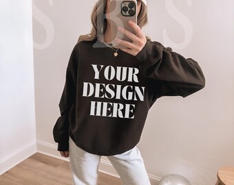 Chocolate Brown 18000 Gildan Sweatshirt Mockup G180 Brown Crewneck Sweatshirt Mockup Real Model Mock | Trendy Neutral Boho Styled Aesthetic