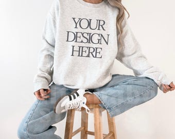 Gildan 18000 Ash Crewneck Mockup, Lifestyle Model (Digital Download)