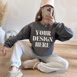 Charcoal Gildan 18000 Sweatshirt Mockup Western Mock Up Ash Gray Sweater Trendy Oversized Crewneck Real Model Boho Aesthetic Coastal Cowgirl