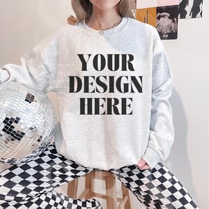 Ash Grey Gildan 18000 Sweatshirt Mockup Western Mock Up Ash Gray Sweater Trendy Oversized Crewneck Real Model Boho Aesthetic Coastal Cowgirl