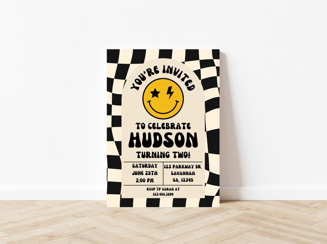 Checkered Birthday Invitation Trendy Boy Invite Canva Template Digital ...