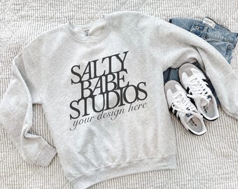 Gildan 18000 Ash Sweatshirt Mockup | G18000 Ash Crewneck Mockup | Oversized Sweater | Flat Lay Gildan Mockup | Trendy Flat Lay Mockup