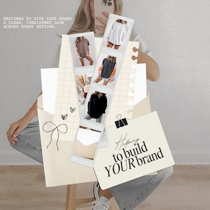 May include: A collage featuring a person holding a phone, with images of clothing items. The images are arranged in a film strip style. Text includes "DESIGNED TO GIVE YOUR BRAND A CLEAN, CONSISTENT LOOK ACROSS EVERY SETTING" and "Helping to build YOUR brand."