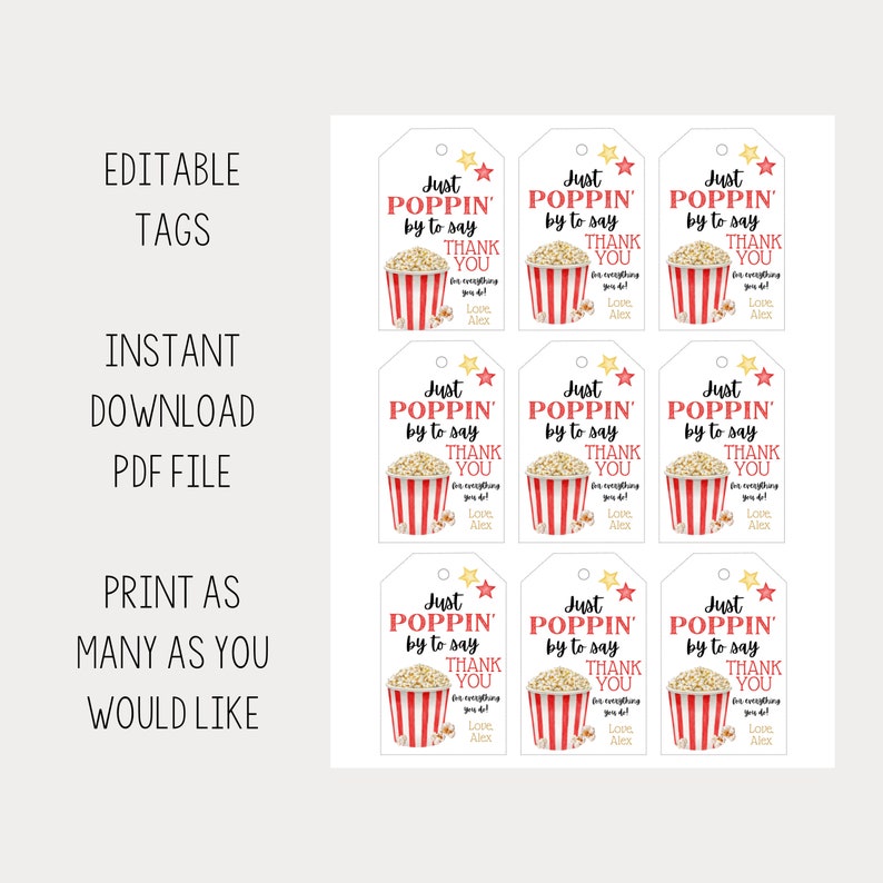 EDITABLE Popcorn Teacher Appreciation Tags Gift Tags Thank You Tag Childcare Tag Teacher Gift Tag Just Poppin' by to say Thanks 画像 2