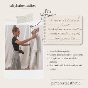 May include: A woman in a black top and jeans is holding clothing on a wooden rack. Text on the image includes "I'm Morgann" and "A real face behind your brand." Additional text describes services like natural posing and social media content.