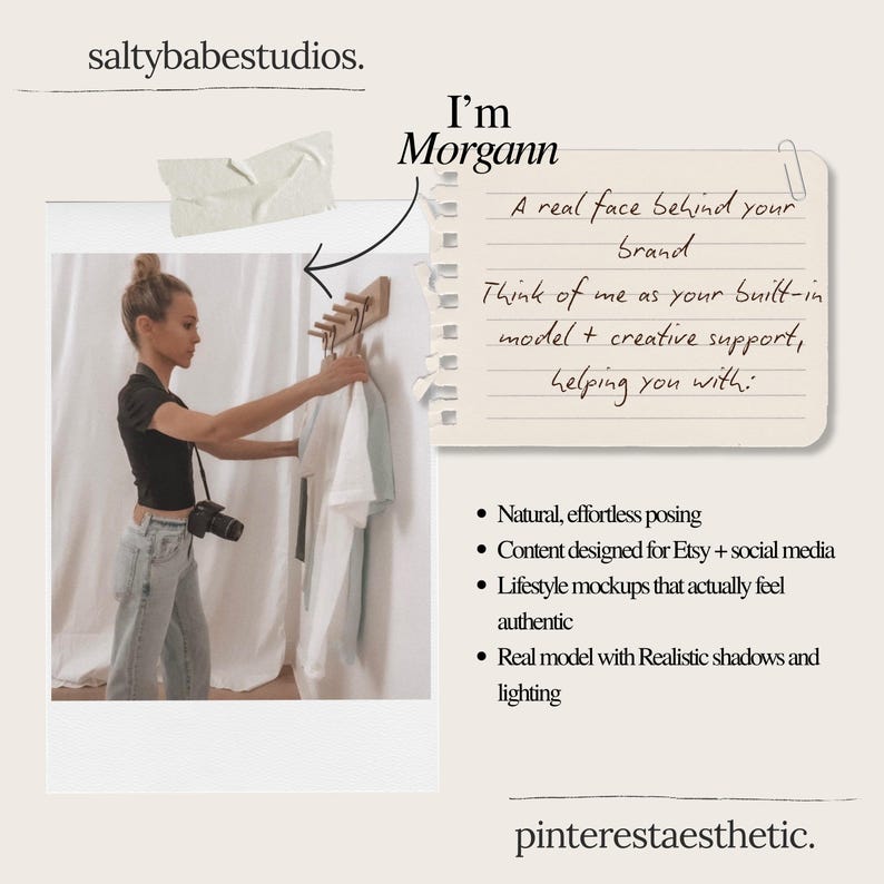 May include: A woman in a black top and jeans is holding clothing on a wooden rack. Text on the image includes "I'm Morgann" and "A real face behind your brand." Additional text describes services like natural posing and social media content.