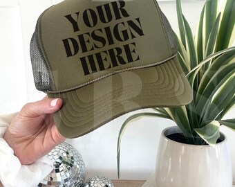 Maquette de casquette ottoman vert olive, maquette de chapeau marron clair, maquette de chapeau de plage, maquette de casquette de camionneur, maquette de casquette de baseball maquette en maille maquette western tendance
