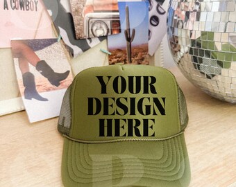 Maquette de casquette ottoman vert olive, maquette de chapeau marron clair, maquette de chapeau de plage, maquette de casquette de camionneur, maquette de casquette de baseball maquette en maille maquette western tendance