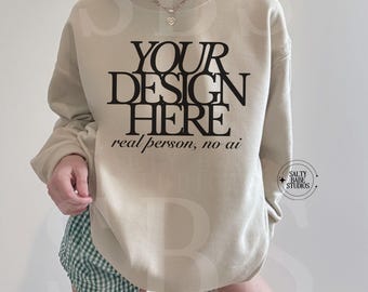 Gildan 18000 Sand Crewneck Mockup, Gildan Crewneck Mockup, Crewneck Mockup, Model Mockup, Gildan 18000 Mockup, Sweater mockup, Sand mock